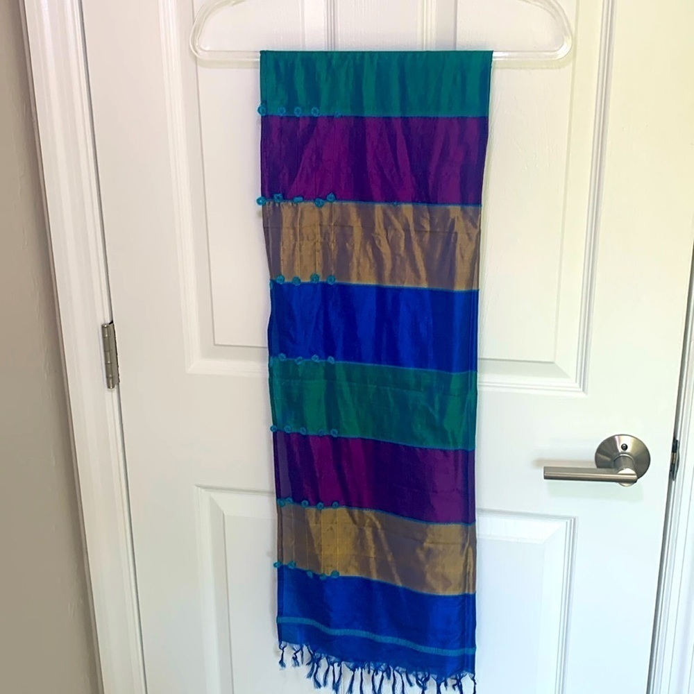 Striped silk scarf jewel tones with yarn accents